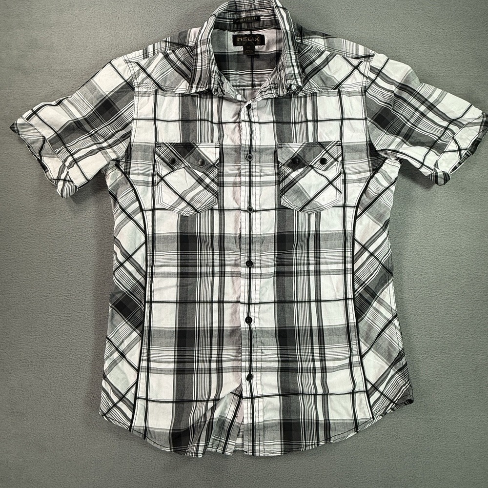 Helix Men Athletic Fit Plaid Short Sleeve Button Up Shirt Medium White Black